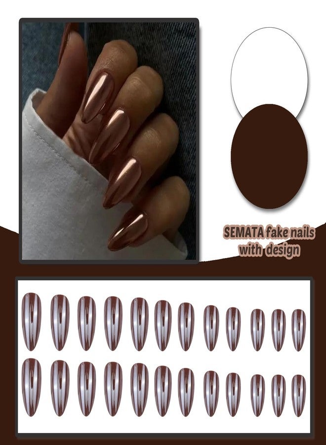 SEMATA Brown Chrome Acrylic Press on Nails Almond Medium Acrylic Nails Press ons Brown Glue on Fake Nail with Bling Glossy Designs Reusable Artificial Stick on False Nail for Women 24Pcs - Image 4
